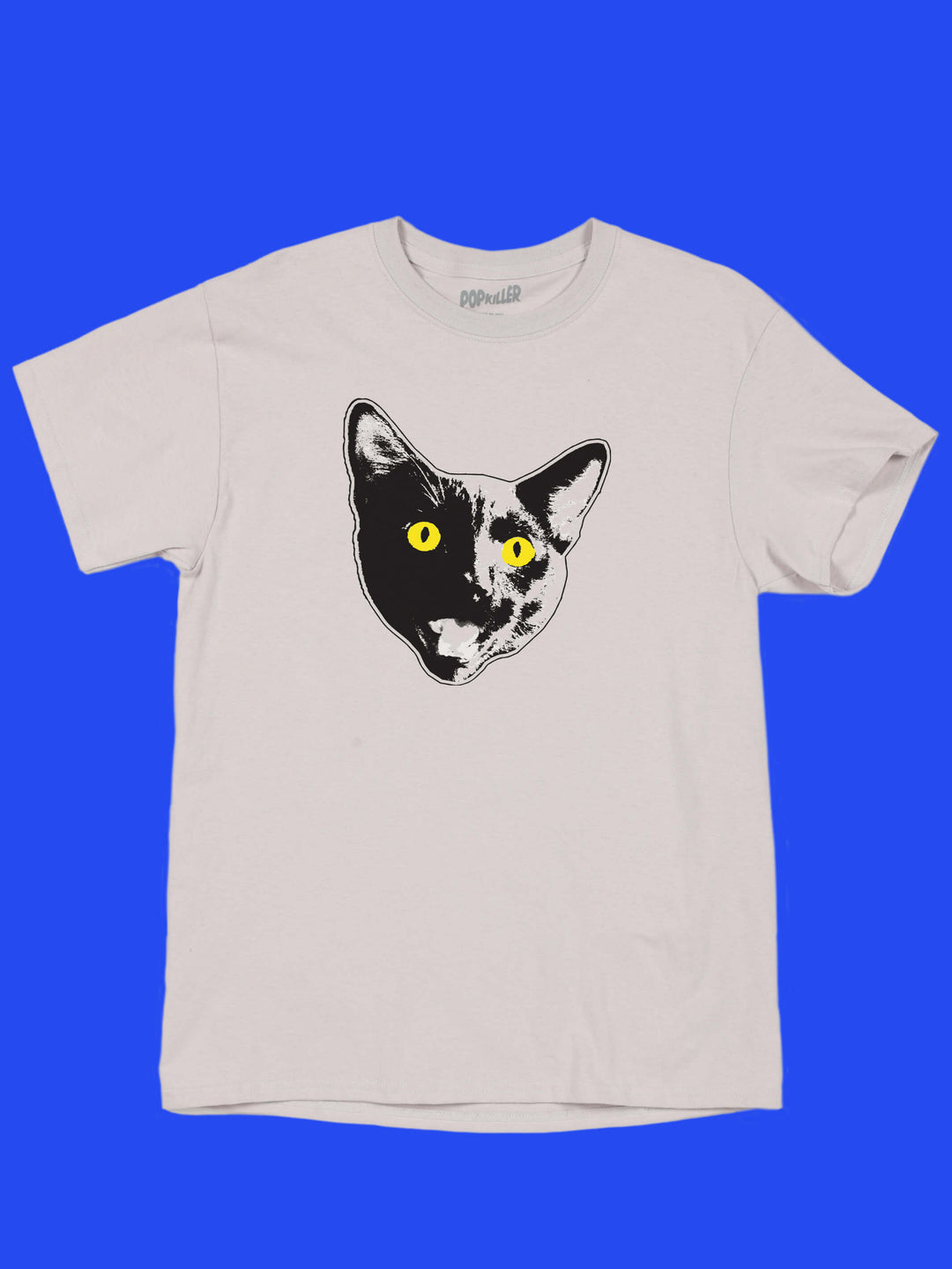 A grey graphic t-shirt with a screaming black cat on it.