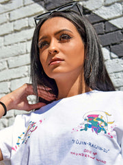 A white tee with the gods Fujin and Raijin printed on the front.