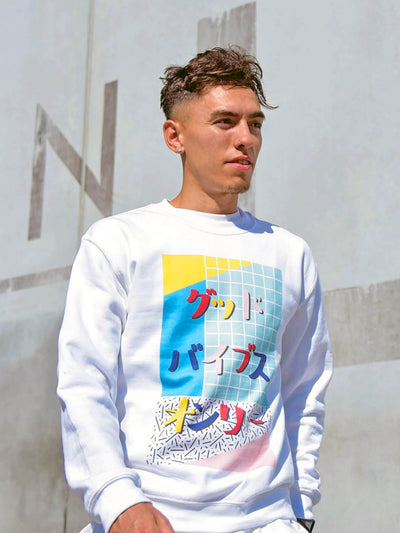 A white sweatshirt with a vaporwave Japanese design on it.