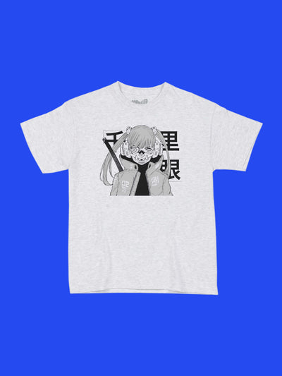 Grey cyberpunk anime girl women's tee by Japanese artist Acky Bright.