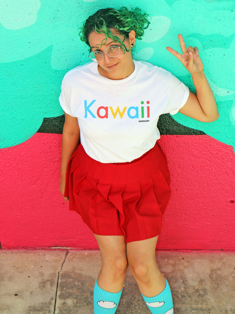 A model wearing a white tee that says kawaii parodying the Google logo.