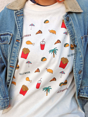 White junk food graphic tee by Los Angeles brand Popkiller.