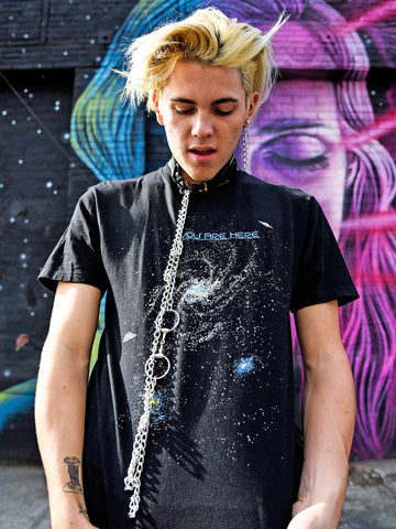 Black space galaxy graphic t-shirt.