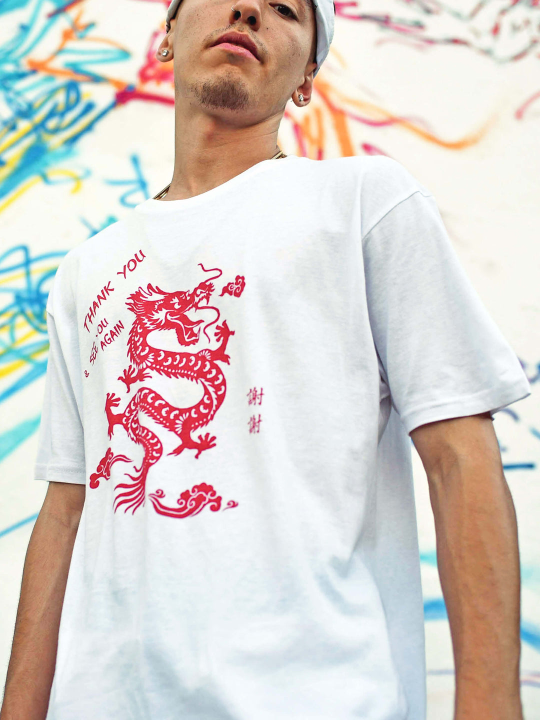 White graphic tee with a Chinese takeout design by Los Angeles brand Popkiller.