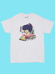 Grey graphic tee with vaporwave anime girl by aesthetic artist Mizucat.