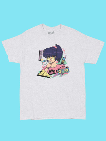 Grey graphic tee with vaporwave anime girl by aesthetic artist Mizucat.