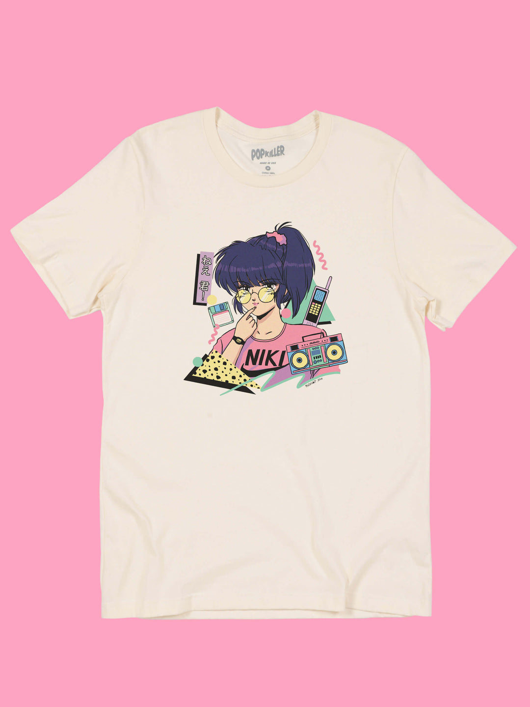 Cream graphic T-shirt with vaporwave anime girl by artist Mizucat.