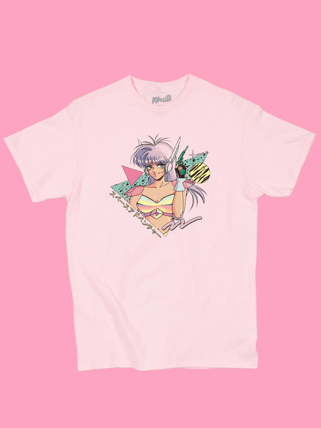 Pink graphic tee with sci fi anime girl by vaporwave artist Mizucat.