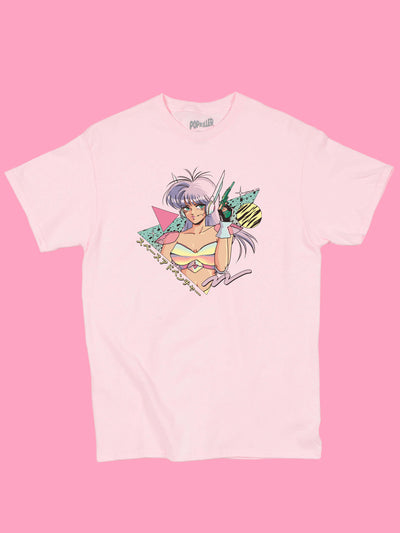 Pink graphic tee with sci fi anime girl by vaporwave artist Mizucat.