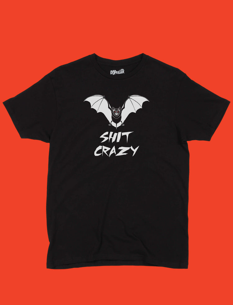 Black graphic tee with a gothic bat by Los Angeles brand Popkiller.