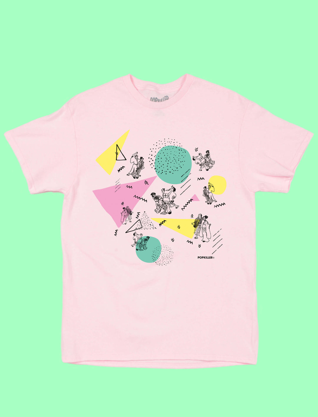 Pink Japanese Memphis style graphic t-shirt..