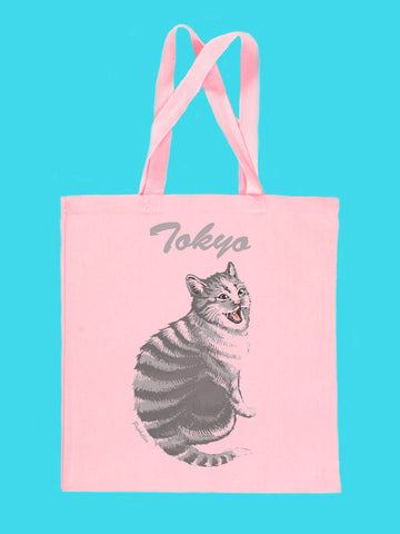 Fluffy cat Tokyo Ska style inspired design on a pink canvas tote bag.