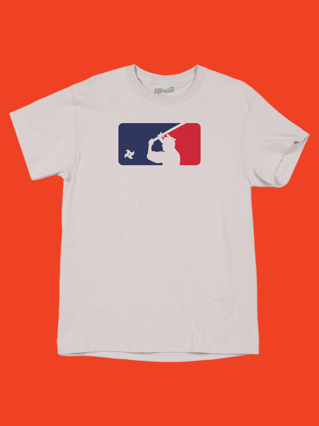 A grey t-shirt with a samurai parody of MLB.