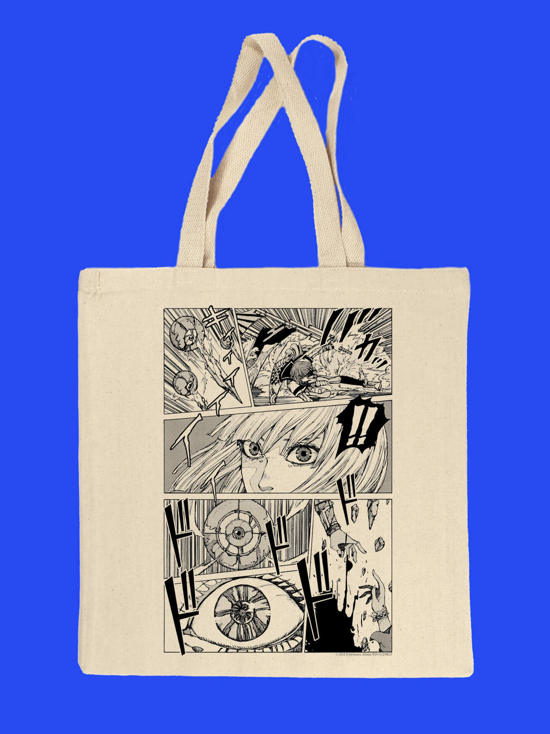 Anime manga action comic panels on canvas tote bag designed by Japanese artist Shinnosuke Uchida.