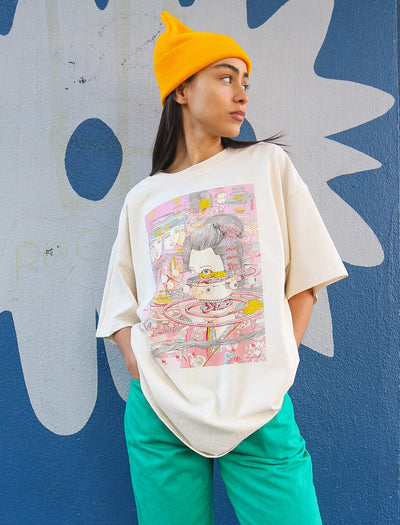 Model wearing trippy satirical geisha manga apparel designs by guro manga artist Shintaro Kago.