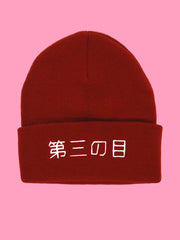 Red beanie with the words 'third eye' embroidered in Japanese on it.
