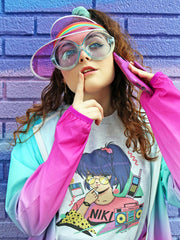 Model wearing kawaii retro anime t-shirt.