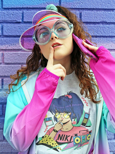 Model wearing kawaii retro anime t-shirt.