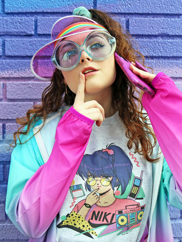 Model wearing kawaii retro anime t-shirt.