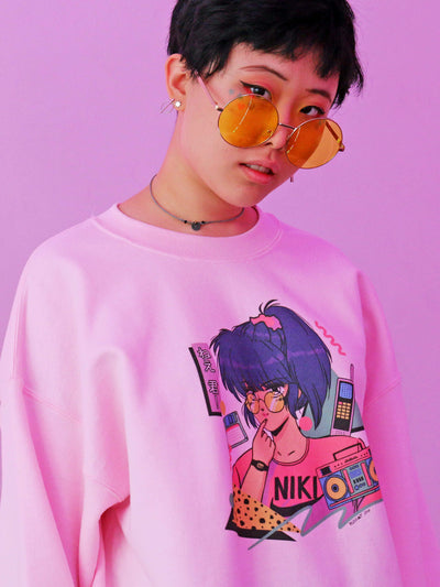 Aesthetic pink retrowave anime sweater.