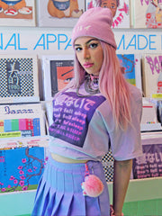 E-girl wearing a dreamy vaporwave graphic t-shirt.