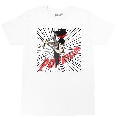 White graphic t-shirt with a yakuza anime girl by Japanese artist Sagaken.