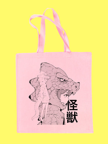 Pink kawaii Godzilla girl tote bag.