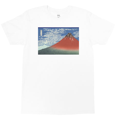 White Japanese ukiyo-e red fuji graphic t-shirt by LA brand Popkiller.