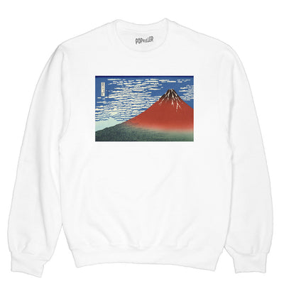 Traditional Japanese Fuji artwork on a white sweatshirt.