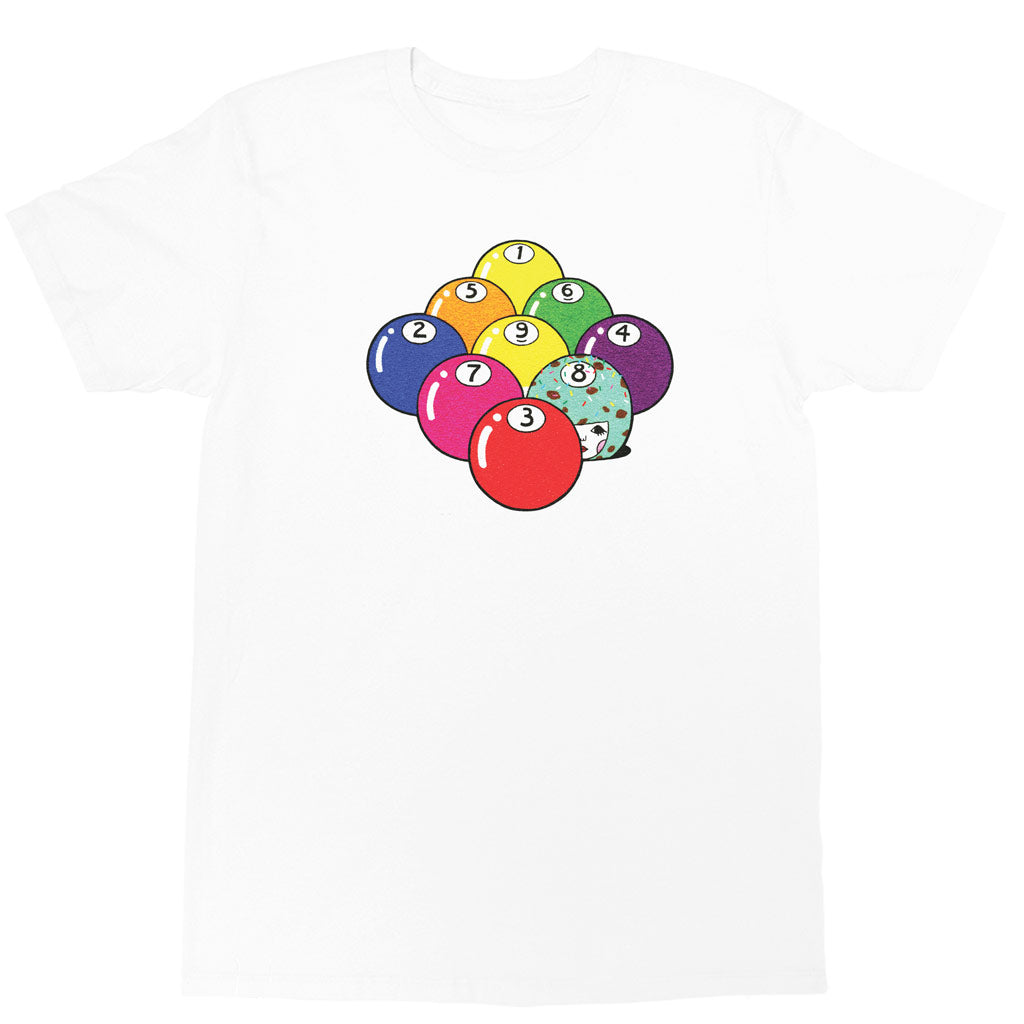 White graphic t-shirt with billiard balls by kawaii artist Naoshi.