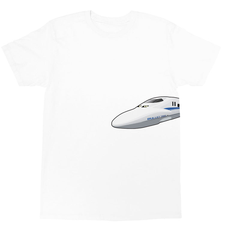 White graphic t-shirt with a Japanese bullet train design by LA brand Popkiller.