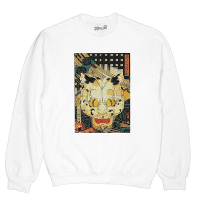 A Japanese ukiyo-e yokai cat on a white sweatshirt.