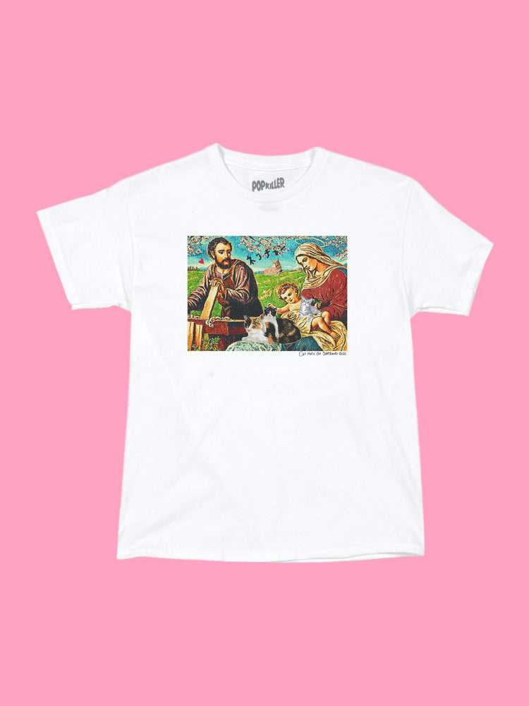 Renaissance religious art with cats graphic white tee.