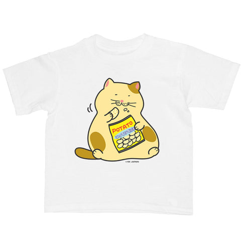 Kawaii lazy cat eating chips on a kid's t-shirt.