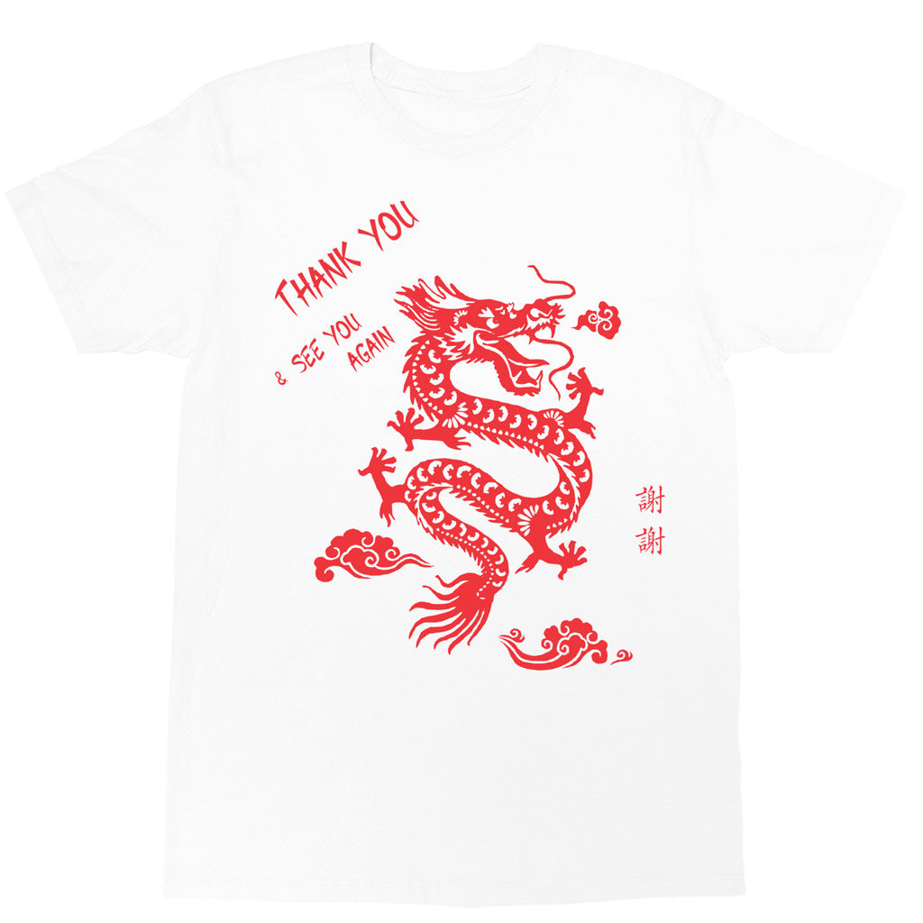 White graphic t-shirt with a Chinese dragon design by LA brand Popkiller.