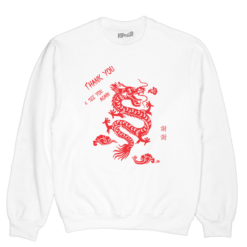 A white sweatshirt with a red Chinese takeout dragon on it.