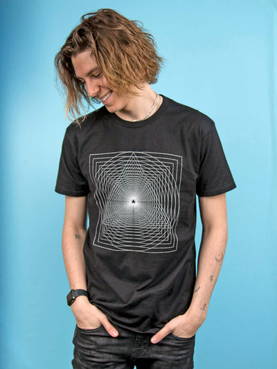 Black graphic tee with an optical illusion design by Los Angeles brand Popkiller.