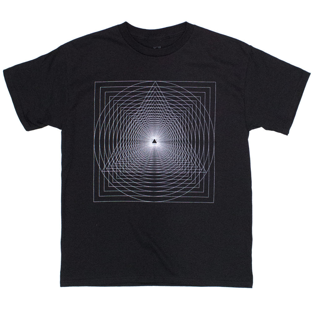 A black t-shirt with a cool geometric pattern on it.