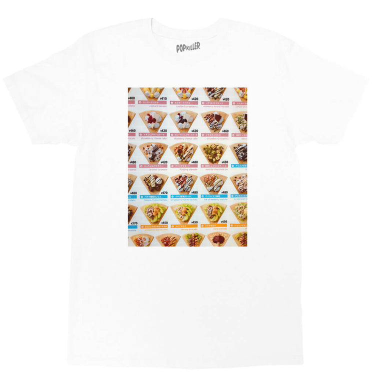White graphic t-shirt with a kawaii crepe photo by LA brand Popkiller.