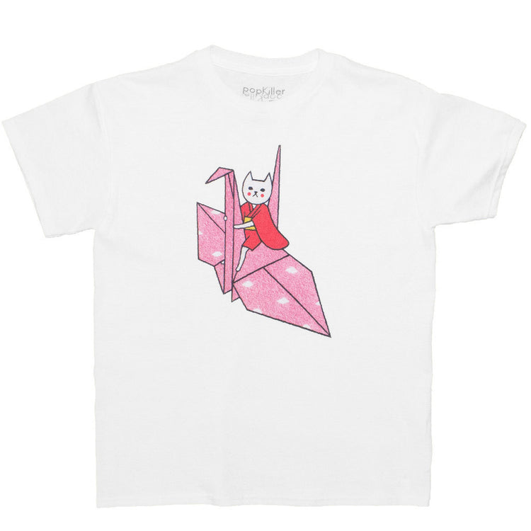 Flying paper crane kawaii cat graphic t-shirt.