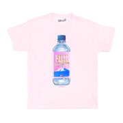 A pink vaporwave tee with a Fuji water bottle on it.