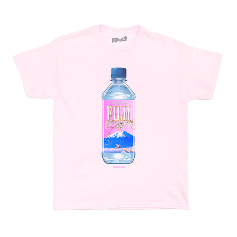 A pink vaporwave tee with a Fuji water bottle on it.