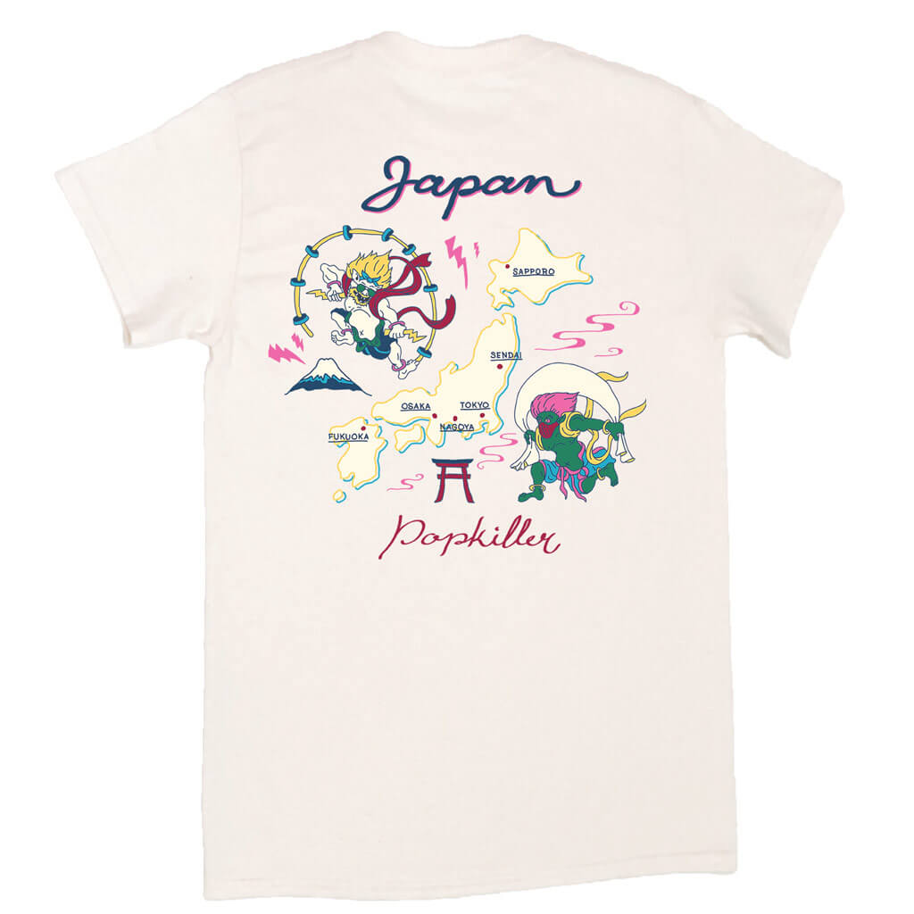 The back print of a t-shirt with the Japanese gods Fujin and Raijin on it.