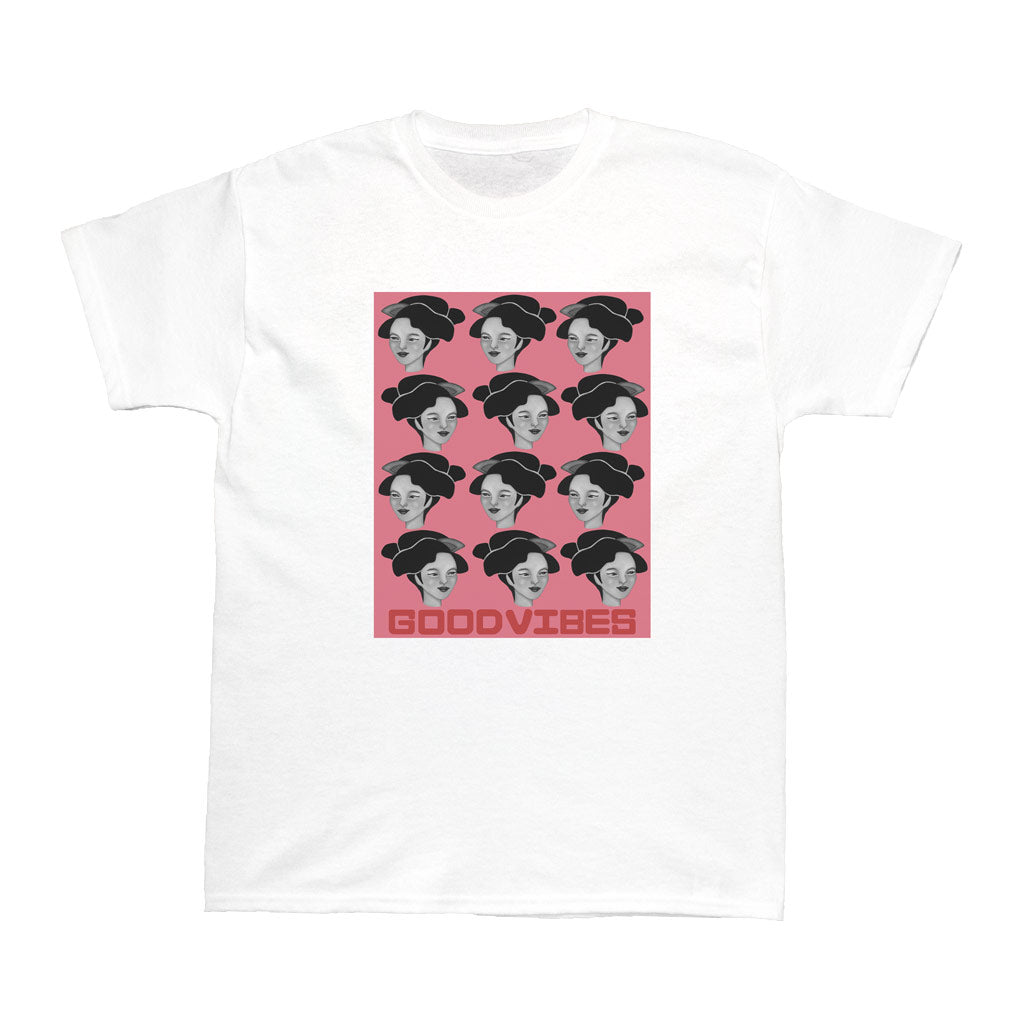 Repeating geisha pattern on a white t-shirt.