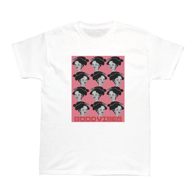Repeating geisha pattern on a white t-shirt.