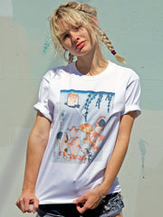 White t-shirt with Japanese goldfish dancing on it.