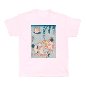 Pink t-shirt with anthropomorphized goldfish on it.