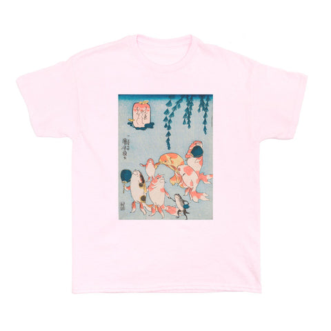 Pink t-shirt with anthropomorphized goldfish on it.