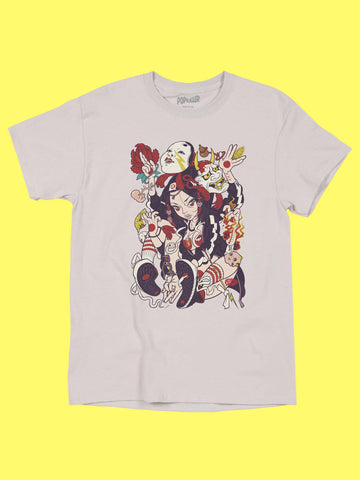 Streetwear anime girl graphic tee by Japanese artist Grape Brain.
