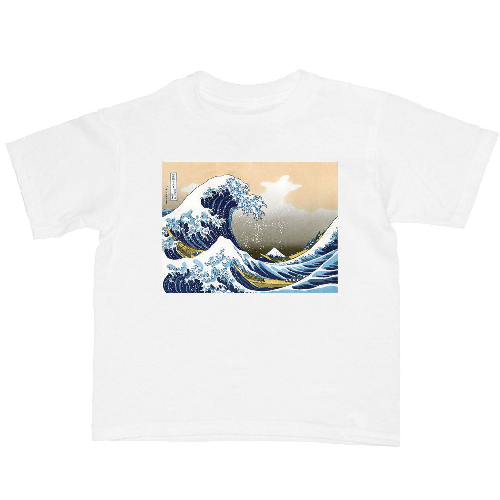 A white kid's tee with the Great Wave Off Kanagawa print on it.